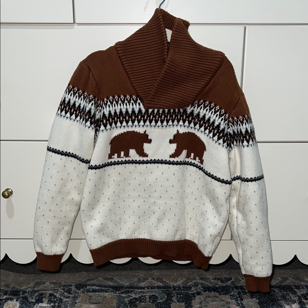 Janie And Jack Brown And Cream Bear Turtleneck Fair Isle Holiday Winter Sweater